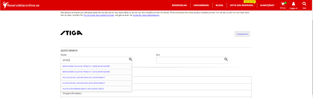 Sök efter modellnummer